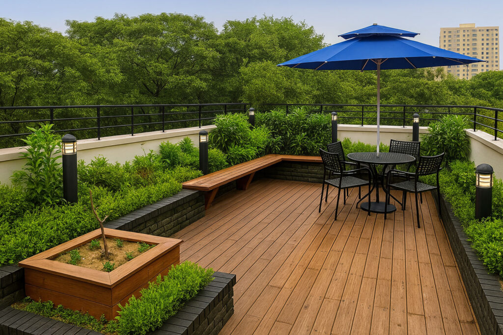 Rooftop terrace garden with wooden deck flooring, seating area, umbrella shade, and lush green plants by Maison Square