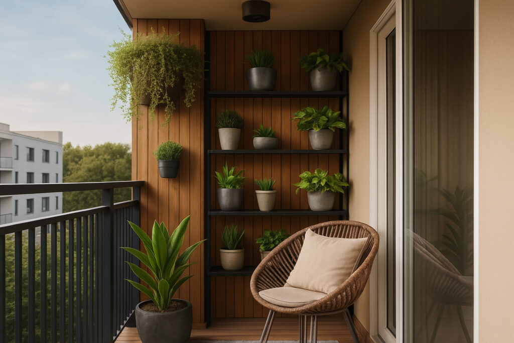Compact balcony garden with wooden paneling, vertical plant shelf, and cozy seating by Maison Square