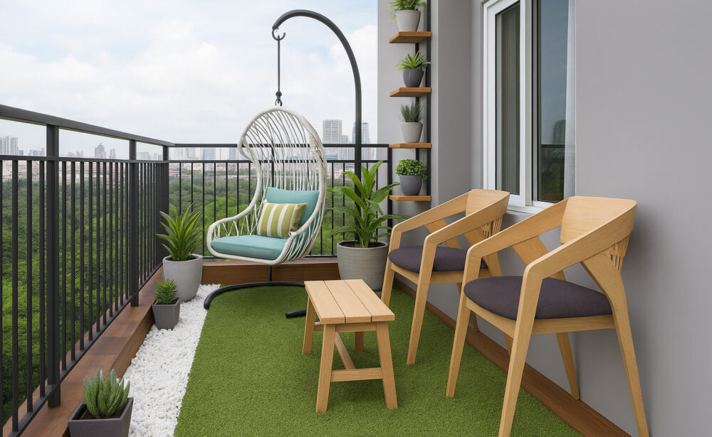 Compact balcony design with swing chair, wooden seating, artificial grass flooring, and potted plants by Maison Square