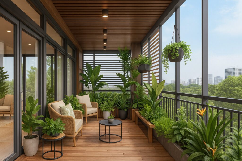 Spacious balcony garden with wooden flooring, modern seating, and lush greenery by Maison Square