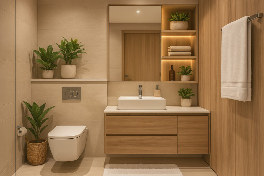 Modern minimalist bathroom with wooden finishes, floating vanity, and indoor plants by Maison Square