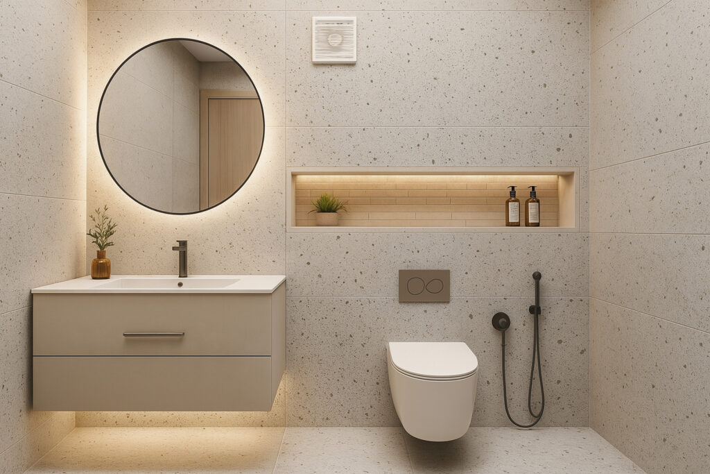Minimalist bathroom design with round mirror, floating vanity, and concealed shelf by Maison Square