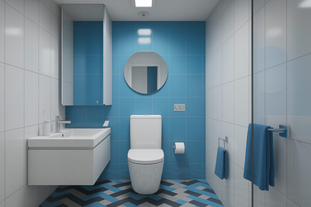 Contemporary bathroom with blue and white tile design, modern fixtures, and geometric flooring by Maison Square