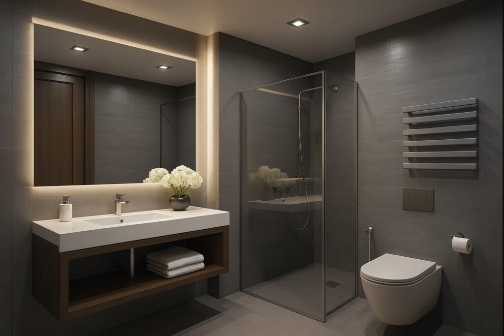 Modern dark-themed bathroom with glass shower, floating vanity, and backlit mirror by Maison Square