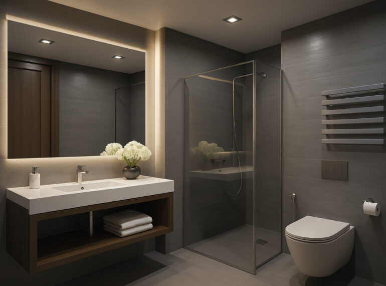 Modern dark-themed bathroom with glass shower, floating vanity, and backlit mirror by Maison Square