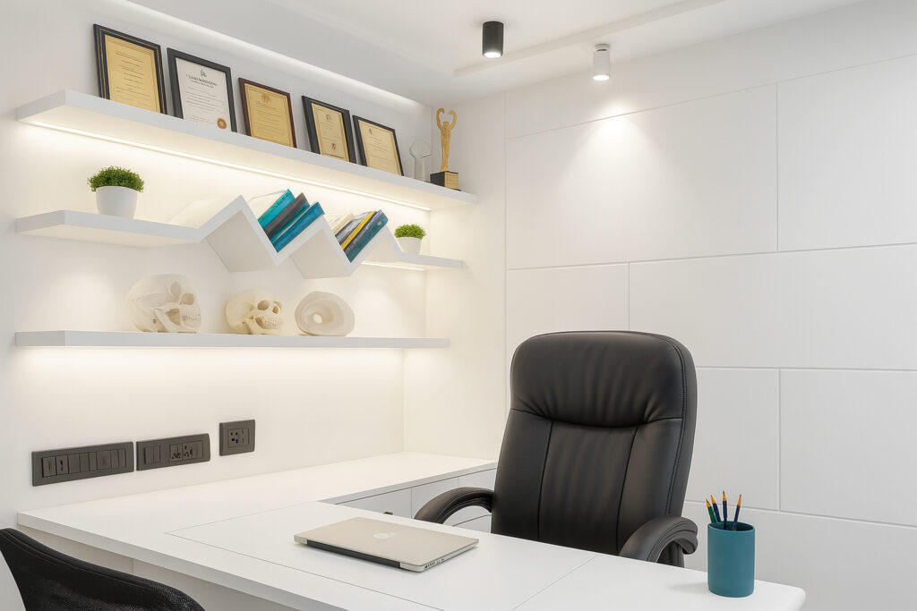 Minimalist clinic consultation room with white interiors, modern shelves, medical models, and a black executive chair