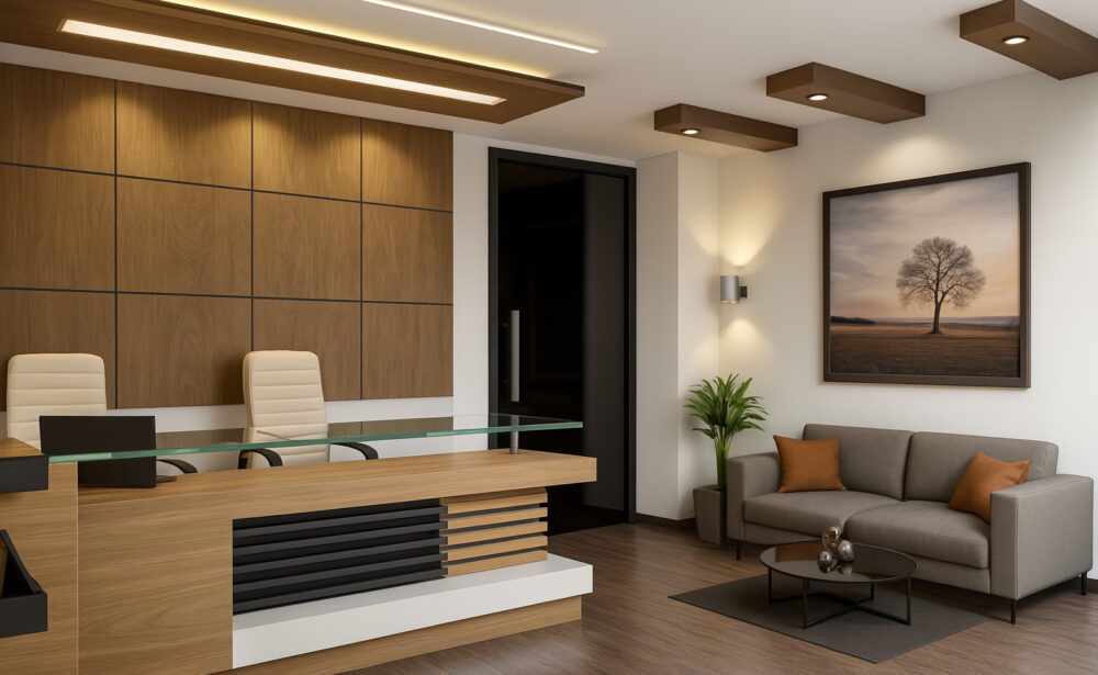 Modern clinic reception area with a wooden front desk, cozy waiting lounge, and elegant ceiling design