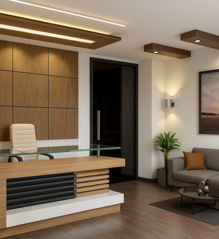 Modern clinic reception area with a wooden front desk, cozy waiting lounge, and elegant ceiling design