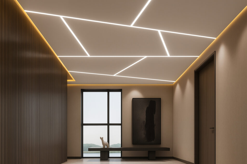 Modern false ceiling design with diagonal LED strip lighting in a minimalist hallway