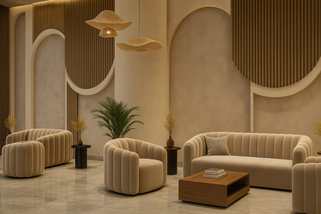 Luxury hotel lounge interior with curved sofas, modern armchairs, and artistic wall panel designs in beige tones.