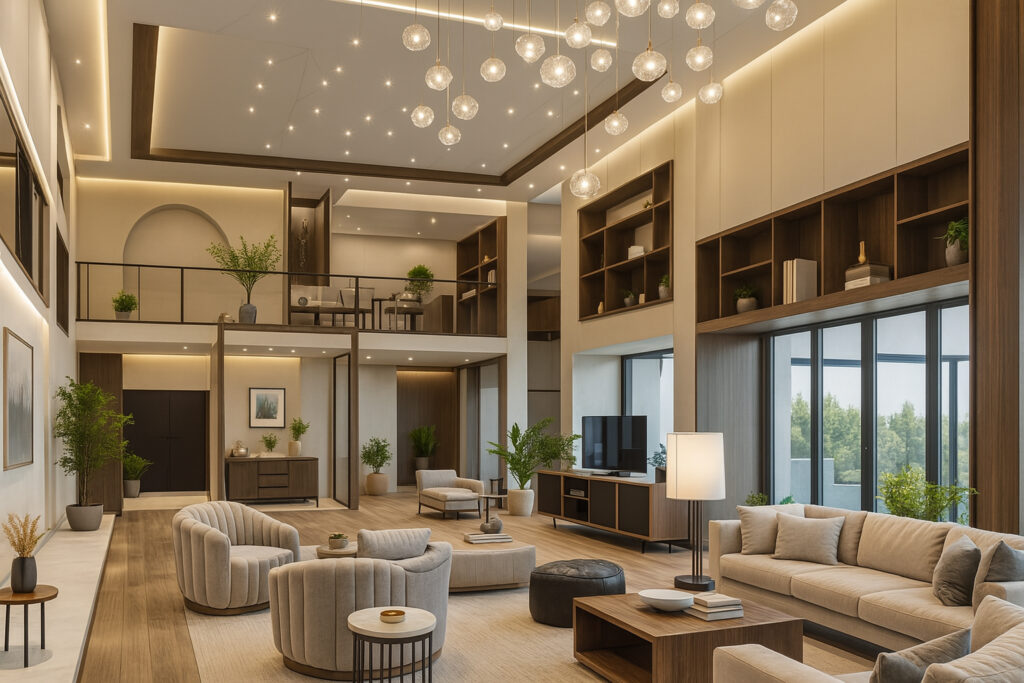 Modern hotel lobby with double-height ceiling, luxurious seating, wooden interiors, and statement lighting fixtures.