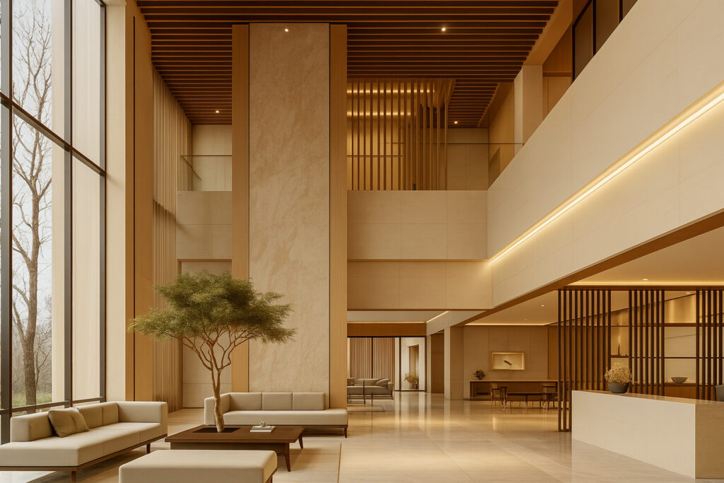 Luxury hotel lobby with high ceilings, minimalistic furniture, indoor tree, and wooden accents for a warm, sophisticated ambiance.