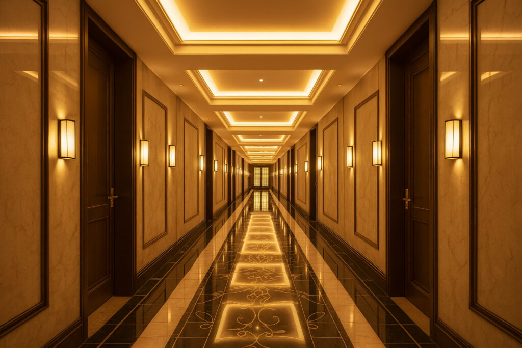 Luxurious hotel corridor with decorative ceiling lights, marble flooring, and elegant wall paneling, showcasing premium hospitality interior design.