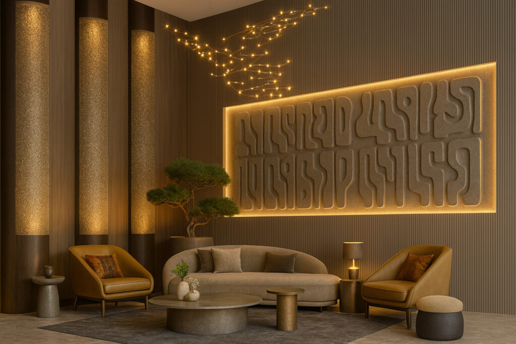 Luxury hotel lounge with contemporary decor, warm ambient lighting, abstract wall art, and modern minimalist furniture.