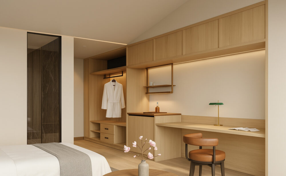 Minimalist hotel room interior with open wooden wardrobe, work desk, cozy bed, and soft ambient lighting.