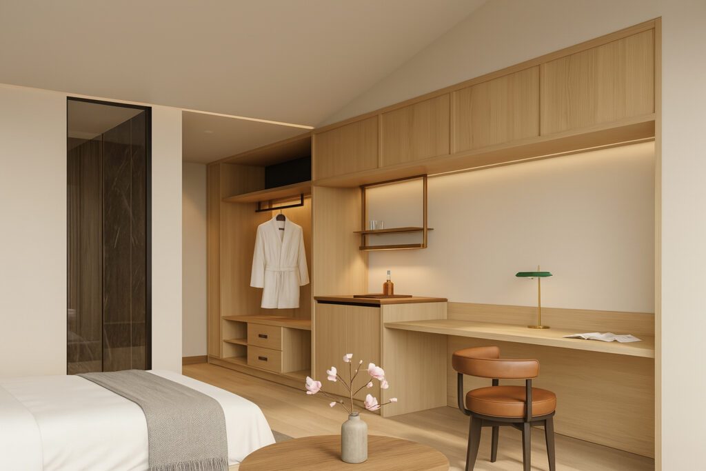 Minimalist hotel room interior with open wooden wardrobe, work desk, cozy bed, and soft ambient lighting.