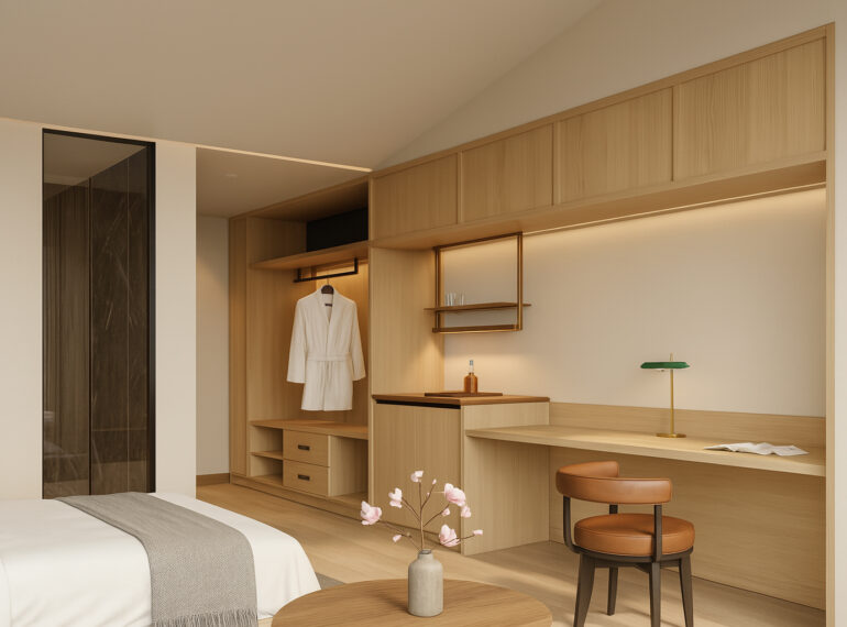 Minimalist hotel room interior with open wooden wardrobe, work desk, cozy bed, and soft ambient lighting.