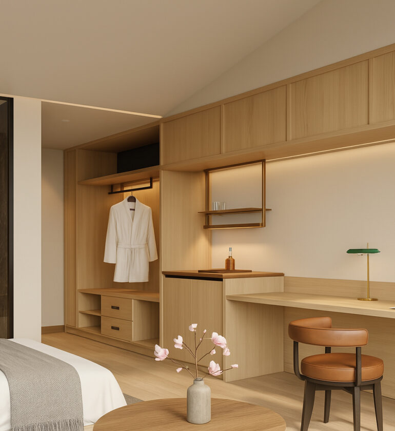 Minimalist hotel room interior with open wooden wardrobe, work desk, cozy bed, and soft ambient lighting.