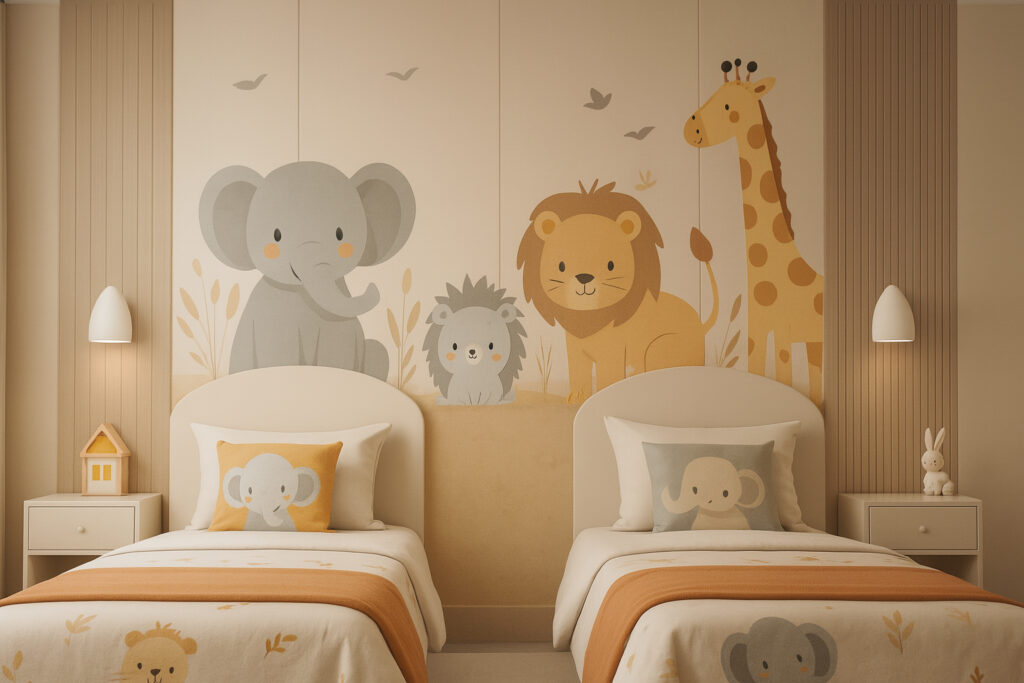 Kids bedroom with twin beds, soft beige and orange tones, featuring a large animal mural with an elephant, hedgehog, lion, and giraffe, matching themed pillows and duvets, modern nightstands, and whimsical decorative accents.