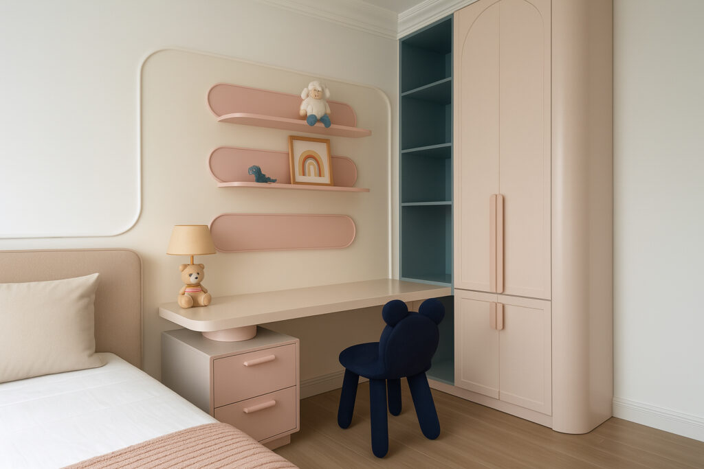 Kids bedroom in soft beige and blush tones, featuring a built-in study desk, pink drawers, floating wall shelves with toys and decor, a navy blue chair with bear-ear backrest, and tall wardrobe with open shelving. Cozy bed with neutral bedding is partially visible, and the room has a modern, minimalist style suitable for children.