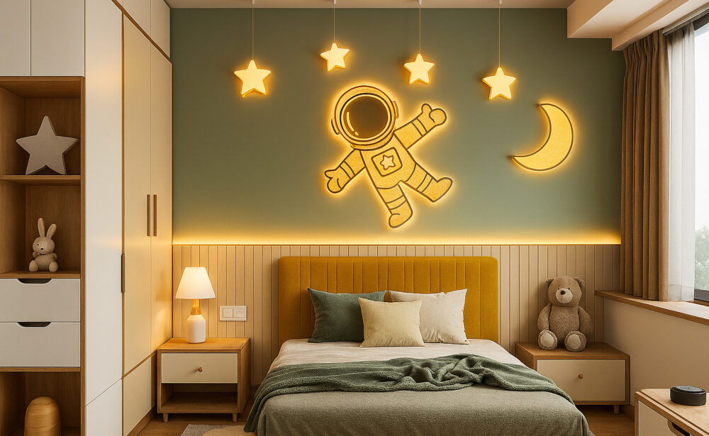 Kids bedroom with space-themed decor, featuring a large glowing astronaut figure, illuminated stars, a crescent moon on the wall, mustard yellow upholstered bed, plush teddy bear, wooden shelving, and soothing green and yellow color scheme.