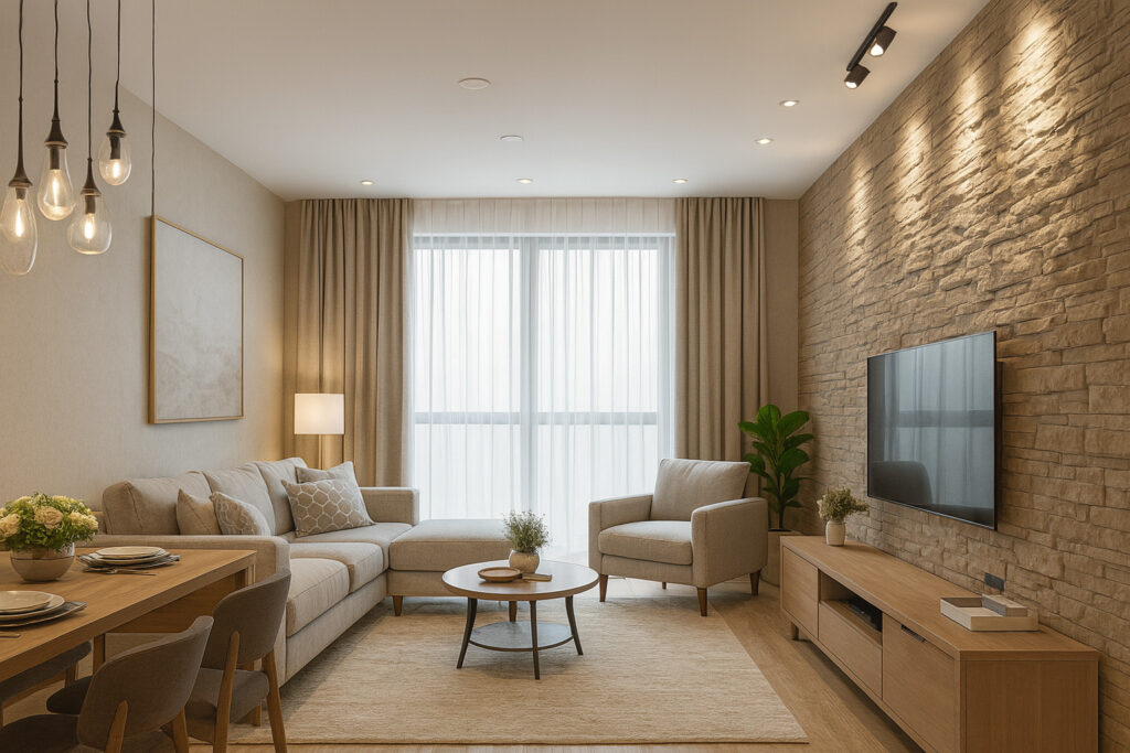 Modern living room with a neutral beige sectional sofa and armchair, light wood coffee and media tables, stone accent wall with mounted TV, layered pendant and recessed lighting, large window with sheer and blackout curtains, green plant, and minimal decorative accents for a cozy and sophisticated atmosphere.