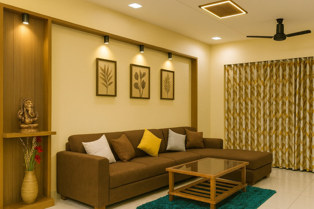 Modern living room with a brown sectional sofa, glass coffee table, yellow accent pillow, minimalist wall art, spotlights above framed leaf prints, wooden built-in niche with Ganesh statue and vase, geometric curtains in beige and gold, ceiling fan, and bright ambient lighting.