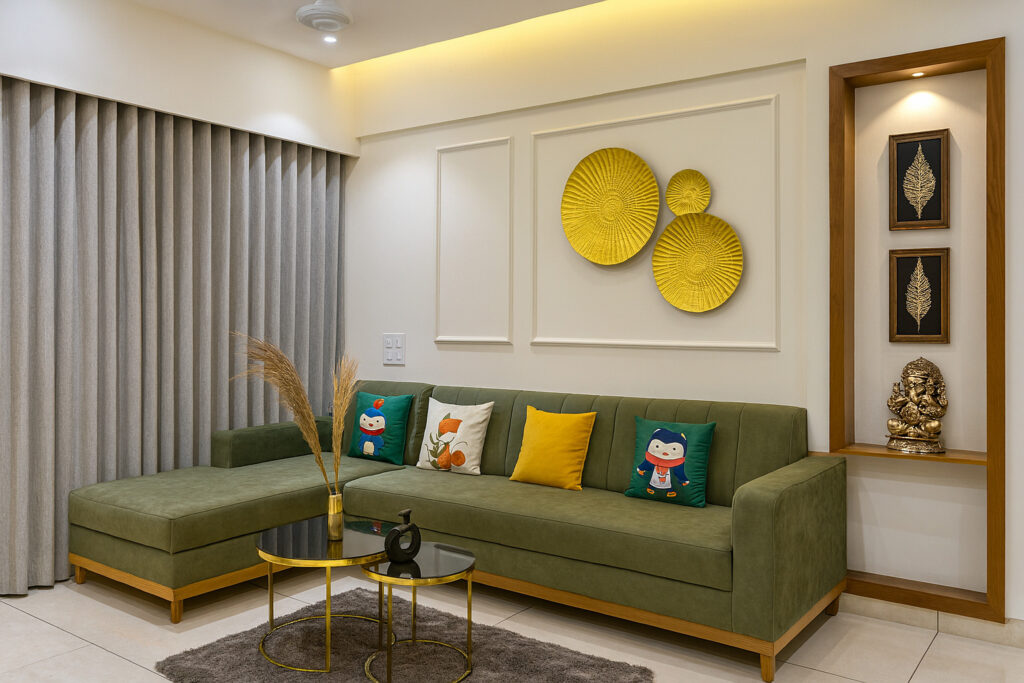 Modern living room with an olive green L-shaped sectional sofa, colorful accent pillows including cartoon and animal prints, minimalist gold and black nested coffee tables, decorative dry grass arrangement, wall-mounted gold textured plates, recessed niche with Ganesh statue and framed leaf art, neutral curtains, and soft ambient lighting.