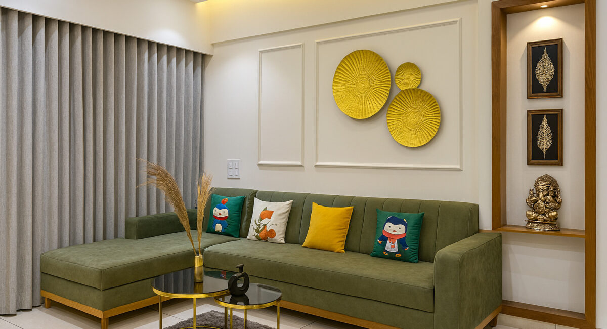 Modern living room with an olive green L-shaped sectional sofa, colorful accent pillows including cartoon and animal prints, minimalist gold and black nested coffee tables, decorative dry grass arrangement, wall-mounted gold textured plates, recessed niche with Ganesh statue and framed leaf art, neutral curtains, and soft ambient lighting.