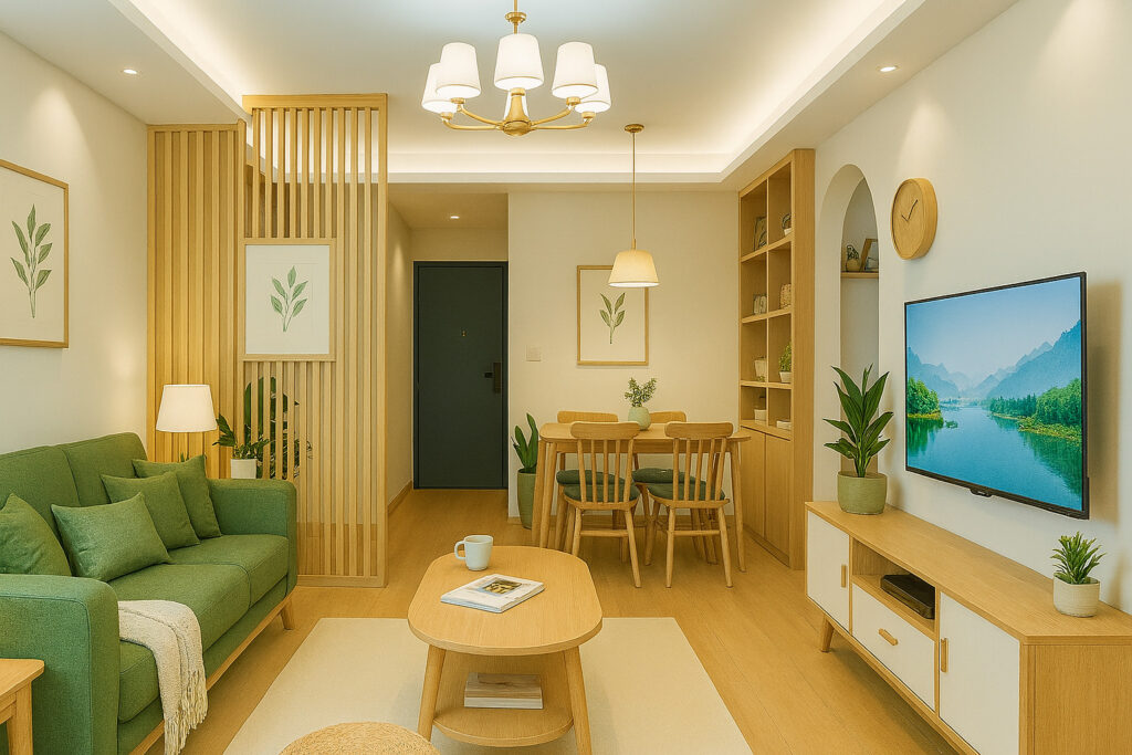Modern living room with an olive green L-shaped sectional sofa, colorful accent pillows including cartoon and animal prints, minimalist gold and black nested coffee tables, decorative dry grass arrangement, wall-mounted gold textured plates, recessed niche with Ganesh statue and framed leaf art, neutral curtains, and soft ambient lighting.