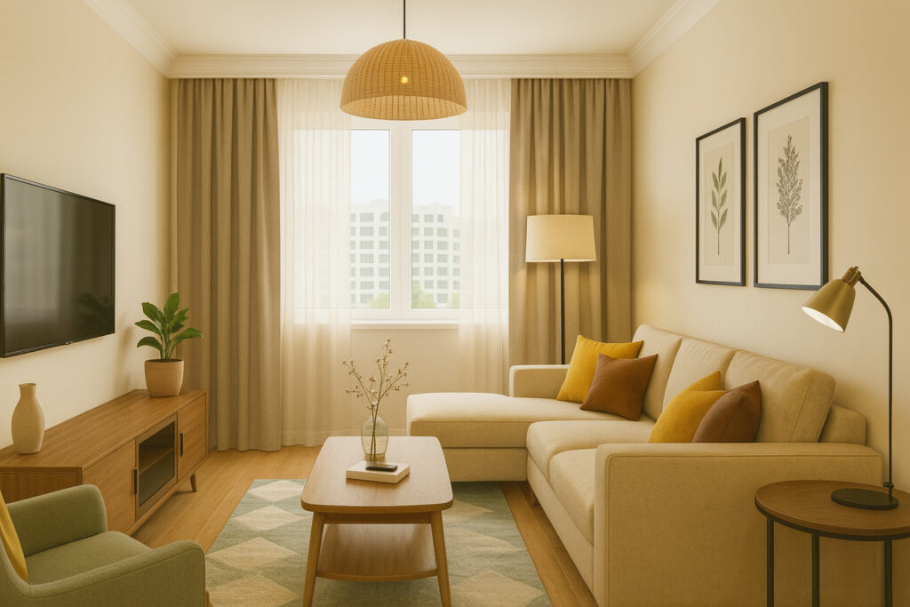 Modern living room with a light cream sectional sofa, wooden coffee and side tables, mustard yellow and brown throw pillows, floor lamp, TV mounted on the wall, potted plants, minimalist wall art, pendant light, and large window with airy curtains providing plenty of natural light.