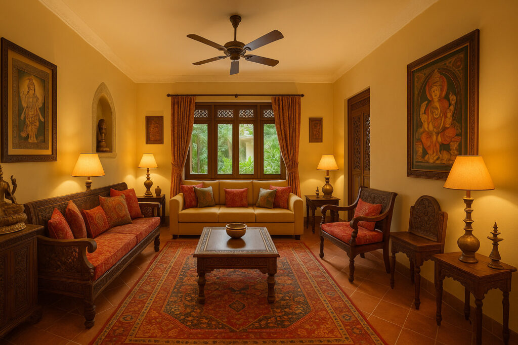 Traditional Indian-style living room with carved wooden furniture, patterned orange and gold cushions, classic area rug, central coffee table, warm ambient lighting from table lamps, wall art of Hindu deities, and window draped with orange curtains.