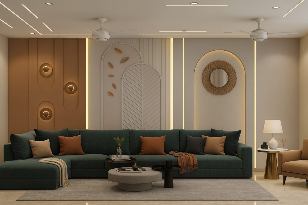 Modern dining and living space featuring a marble dining table with mint green upholstered chairs and a matching bench, elegant gold-accented chandelier, large wall mural of cranes and foliage, mirrored wall panels, a contemporary beige sectional sofa, minimalist wall lighting fixtures, and soft neutral color palette with gold accents.