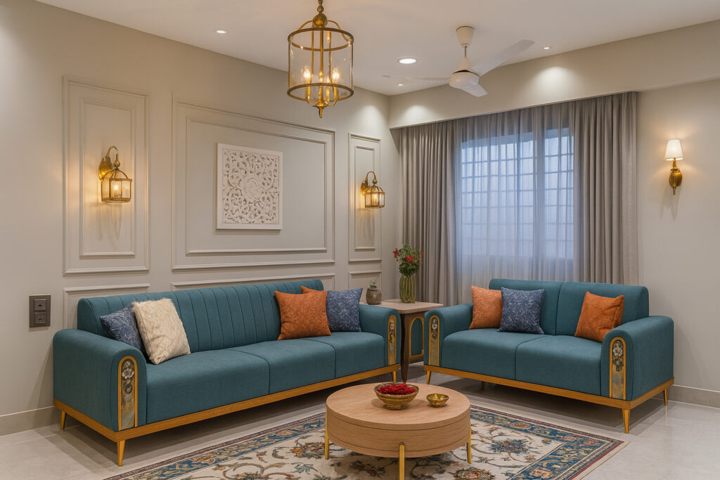 Modern living room with two teal sofas, orange and blue accent pillows, round wooden coffee table, floral area rug, elegant gold and glass chandeliers, wall panel molding, warm wall sconces, large window with sheer curtains, and minimal decorative accents.