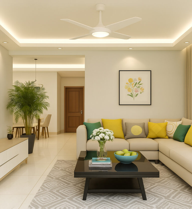 Modern living room with a neutral L-shaped sectional sofa, bright yellow and green accent pillows, minimalist wall art, black coffee table with a vase of white flowers and green apples, media console with decorative flowers, large potted plant, abstract-patterned rug, TV, ceiling fan, and soft recessed lighting for a fresh and inviting atmosphere.