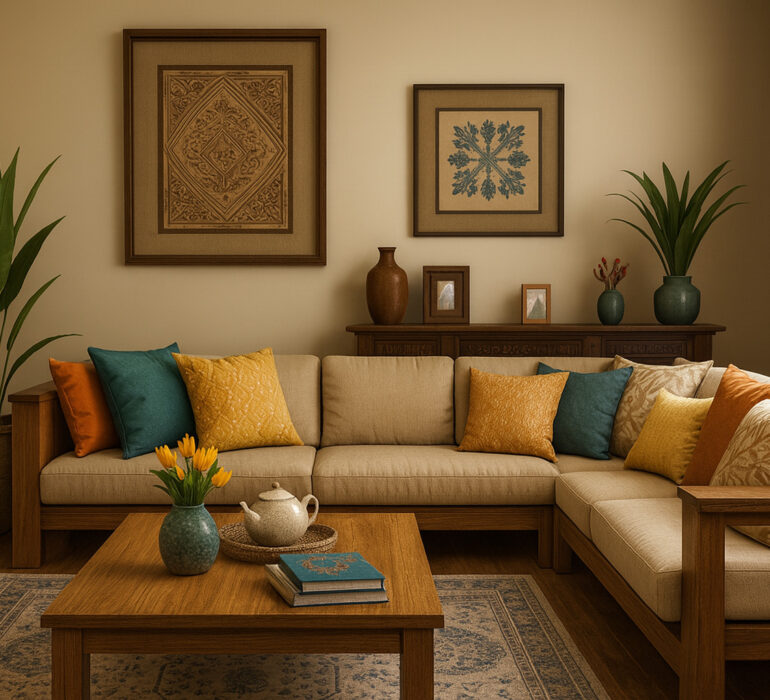 Modern living room with a beige sectional sofa, wooden frame and coffee table, colorful accent pillows in yellow, teal, and orange, large potted plants, two framed artworks on the wall, decorative ceramics, fresh tulips in a vase, and warm natural lighting through large windows.