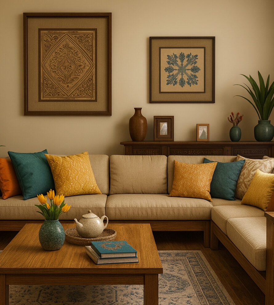Modern living room with a beige sectional sofa, wooden frame and coffee table, colorful accent pillows in yellow, teal, and orange, large potted plants, two framed artworks on the wall, decorative ceramics, fresh tulips in a vase, and warm natural lighting through large windows.