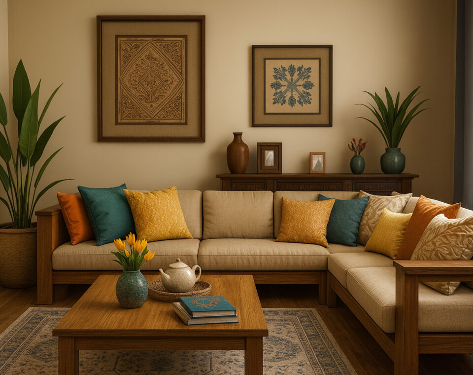 Modern living room with a beige sectional sofa, wooden frame and coffee table, colorful accent pillows in yellow, teal, and orange, large potted plants, two framed artworks on the wall, decorative ceramics, fresh tulips in a vase, and warm natural lighting through large windows.