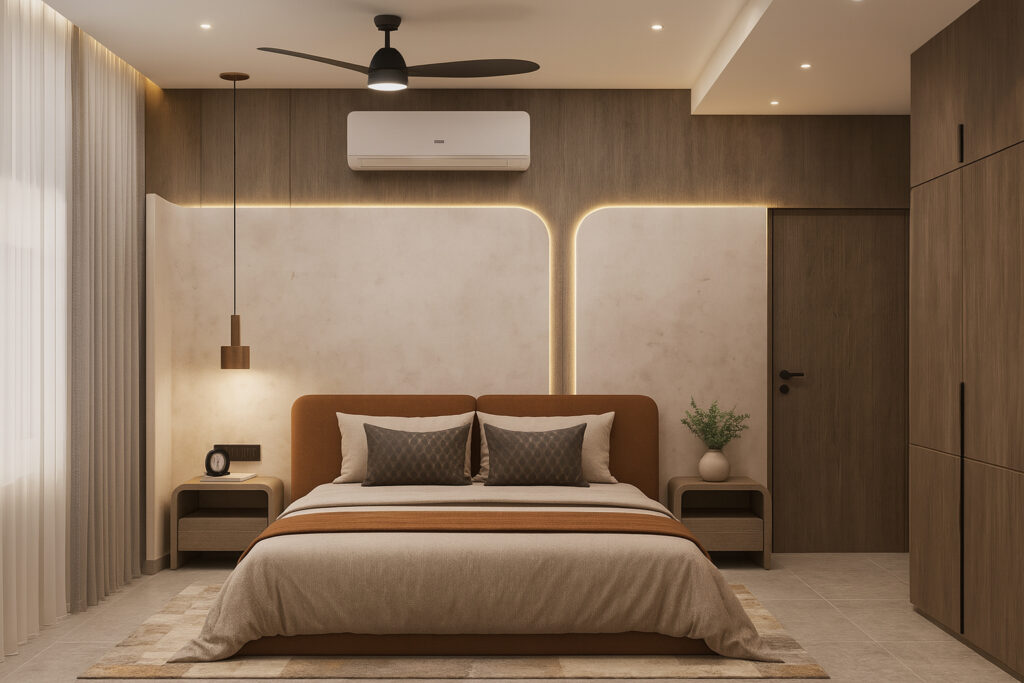 Modern bedroom with warm neutral tones, a large upholstered bed with taupe bedding, symmetrical wooden wall panels with illuminated curved accents, floating nightstands, pendant and ceiling lighting, a ceiling fan, and sleek built-in wardrobes.
