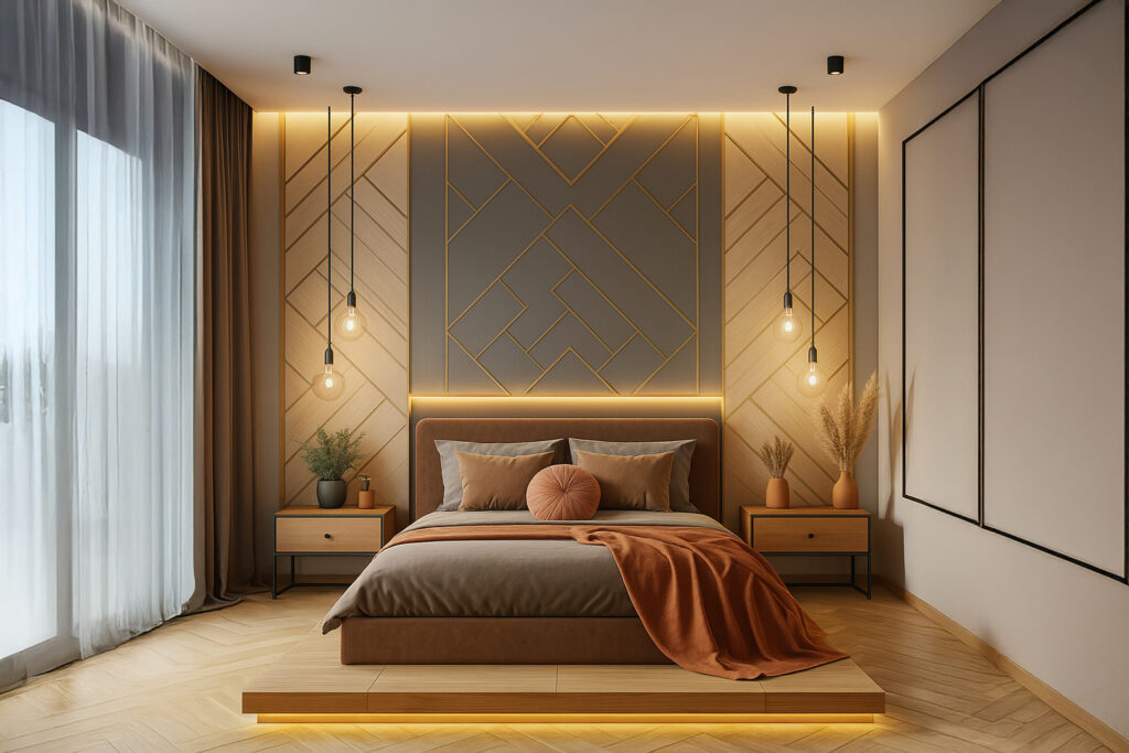 Modern bedroom with geometric wall paneling and warm ambient LED lighting, featuring a platform bed with brown and gray bedding, orange accent blanket and pillow, floating nightstands, hanging pendant lights, and minimalist decorative items.