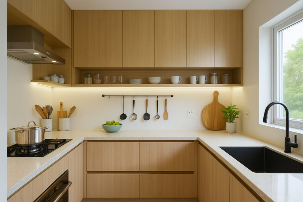 Modern kitchen with light wood cabinets, white countertops, built-in cooktop with a stainless steel pot, minimalist open shelving displaying glassware and bowls, a black faucet over a deep sink, large window letting in natural light, hanging cooking utensils, a bowl of green apples, potted plant, and subtle under-cabinet lighting for a bright, uncluttered, and functional space.