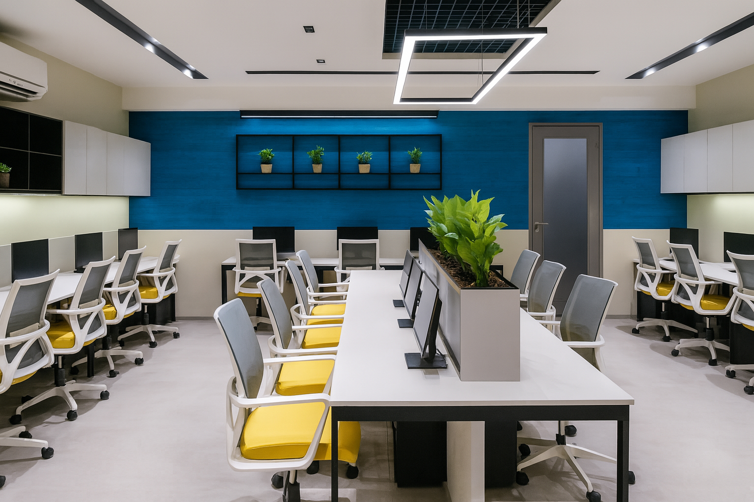 Modern open-plan office with bright overhead lighting, spacious white desks arranged in clusters, ergonomic chairs with yellow seats, and built-in monitors. The space features a striking blue accent wall, stylish hanging light fixture, shelves displaying small green potted plants, minimalist storage cabinets, and a row of tall greenery at the center for a fresh, organized look.