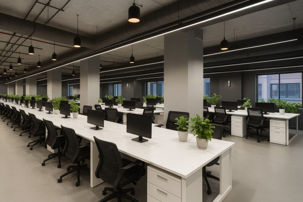 Modern open-plan office with rows of white desks equipped with black mesh ergonomic chairs and desktop computers. Each workspace features potted green plants, creating a fresh and inviting atmosphere. The ceiling is industrial style with exposed ducts, numerous pendant lights, and linear recessed lighting. Large windows allow natural light, while neutral gray walls and floors provide a sleek, minimalist backdrop.