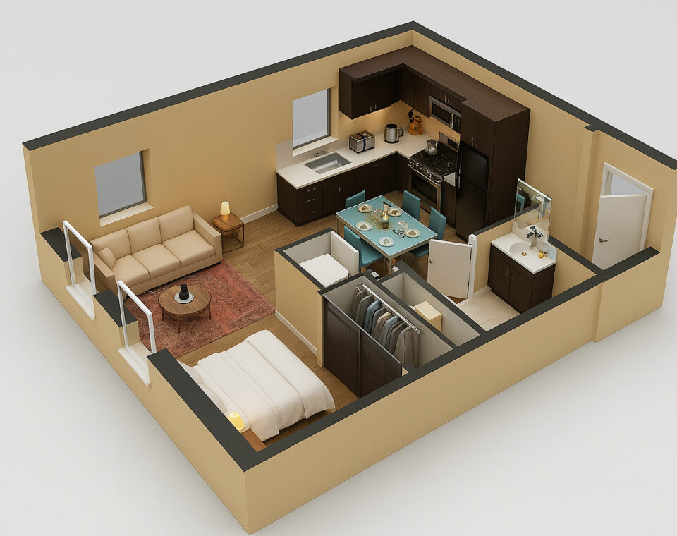 3D-rendered layout of a compact studio apartment featuring an open-plan bedroom with a double bed, a cozy living area with a beige sofa and round coffee table, an L-shaped kitchen with dark cabinets, a dining table set for six, a walk-in closet, and an adjacent bathroom with a vanity unit.