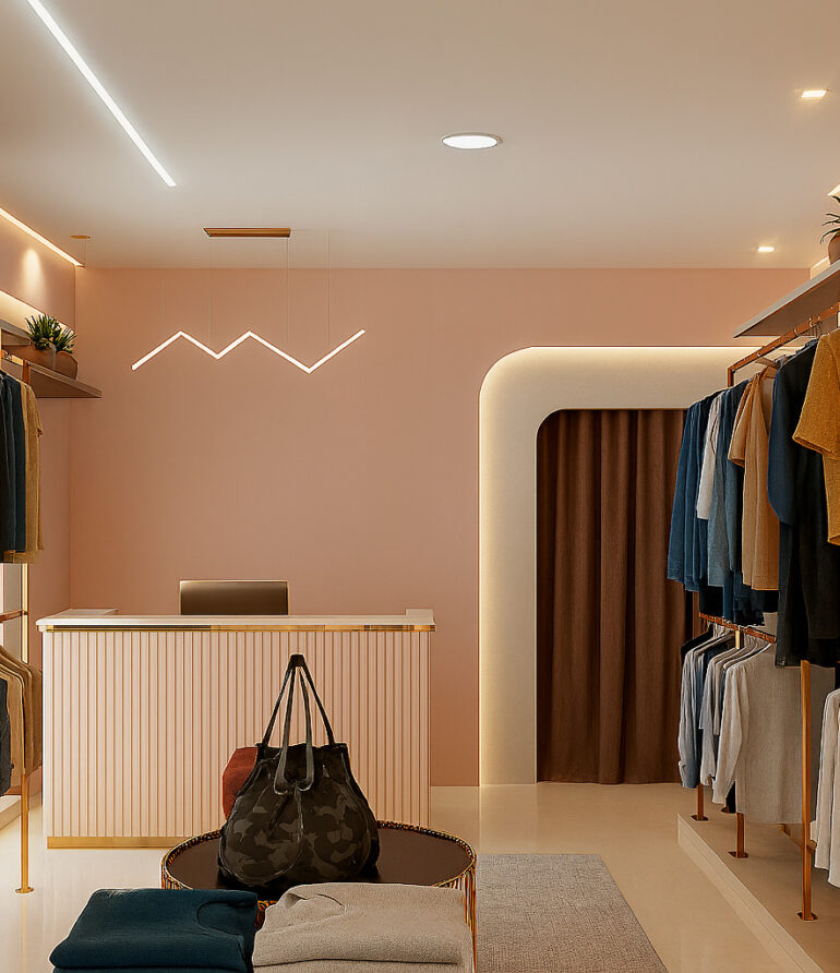 Modern boutique clothing store interior with warm beige walls, gold-accented clothing racks displaying neatly hung shirts, trousers, and jackets, a central checkout counter with a laptop, decorative indoor plants on upper shelves, and a cozy illuminated fitting room entrance.