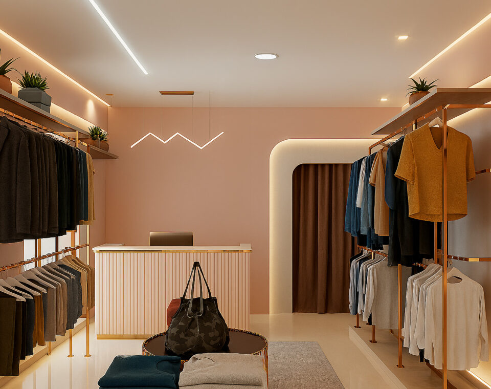 Modern boutique clothing store interior with warm beige walls, gold-accented clothing racks displaying neatly hung shirts, trousers, and jackets, a central checkout counter with a laptop, decorative indoor plants on upper shelves, and a cozy illuminated fitting room entrance.