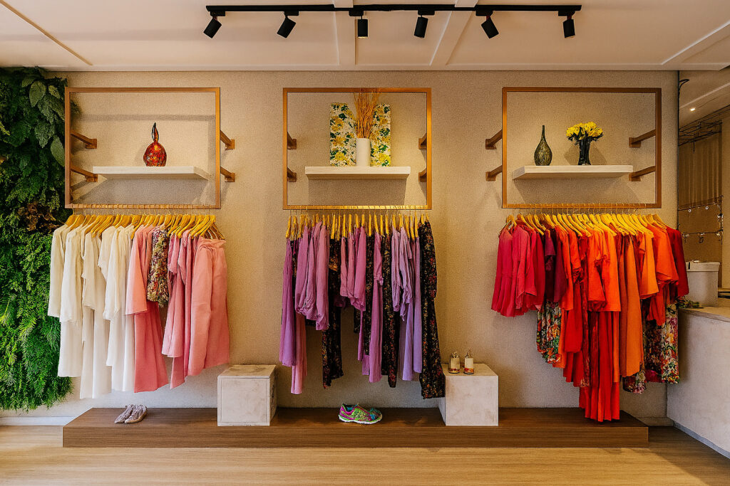 Modern retail clothing display area featuring three gold-accented hanging racks with coordinated garments arranged by color in shades of white, pink, lavender, and red. The space has light beige walls, decorative shelves with vases and flowers above the racks, wood flooring, a green plant wall on the left, and neatly placed shoes and products below the racks.