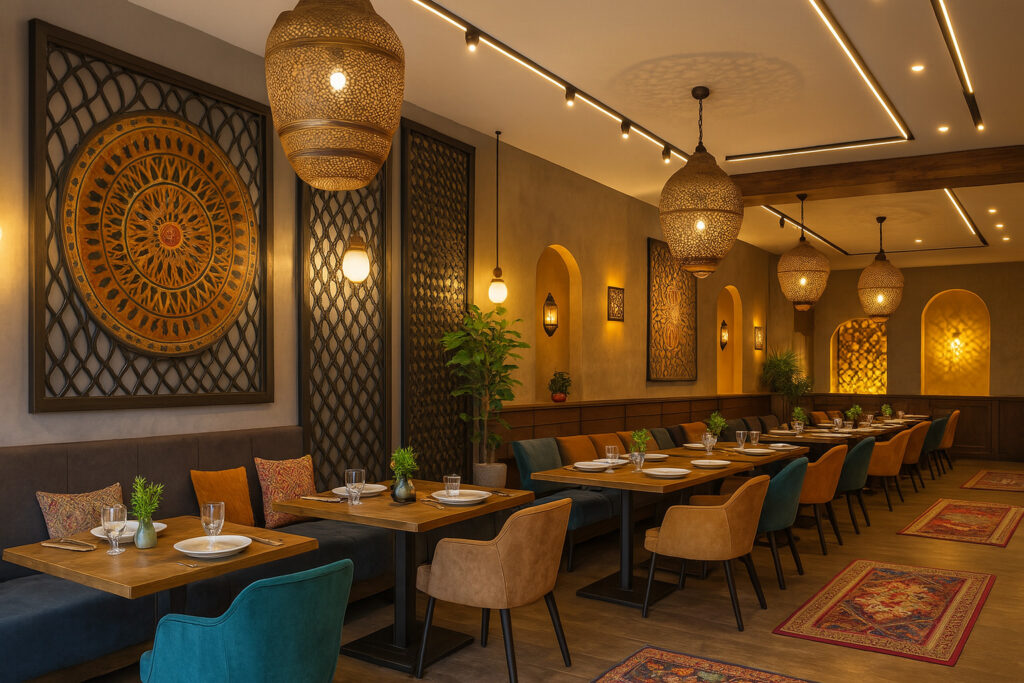 Luxurious restaurant interior with warm lighting, ethnic wall art, carved pendant lamps, and comfortable seating in a cozy ambiance.