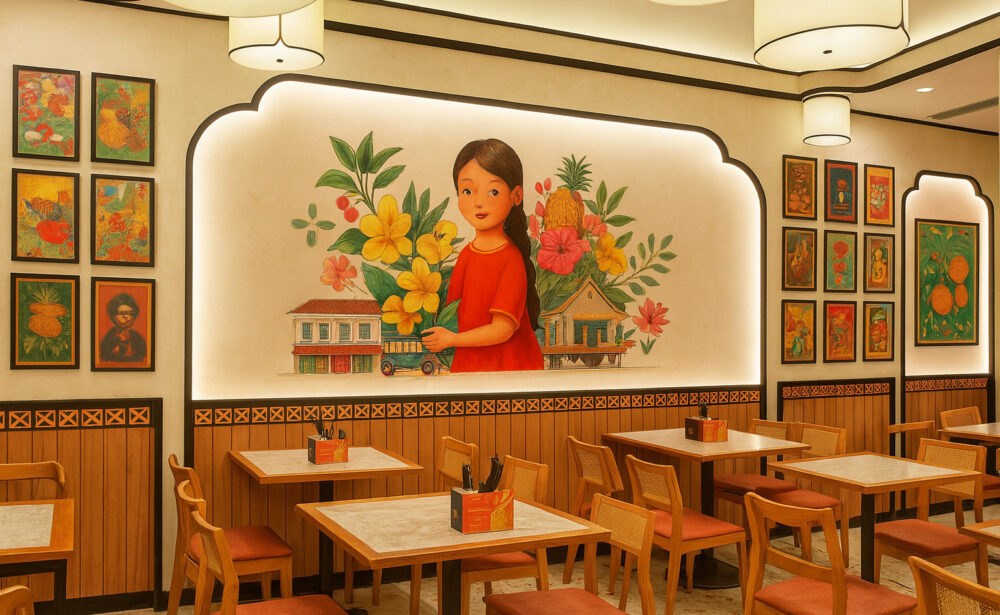 Colorful ethnic restaurant interior with hand-painted wall mural, wooden furniture, and cultural artwork.