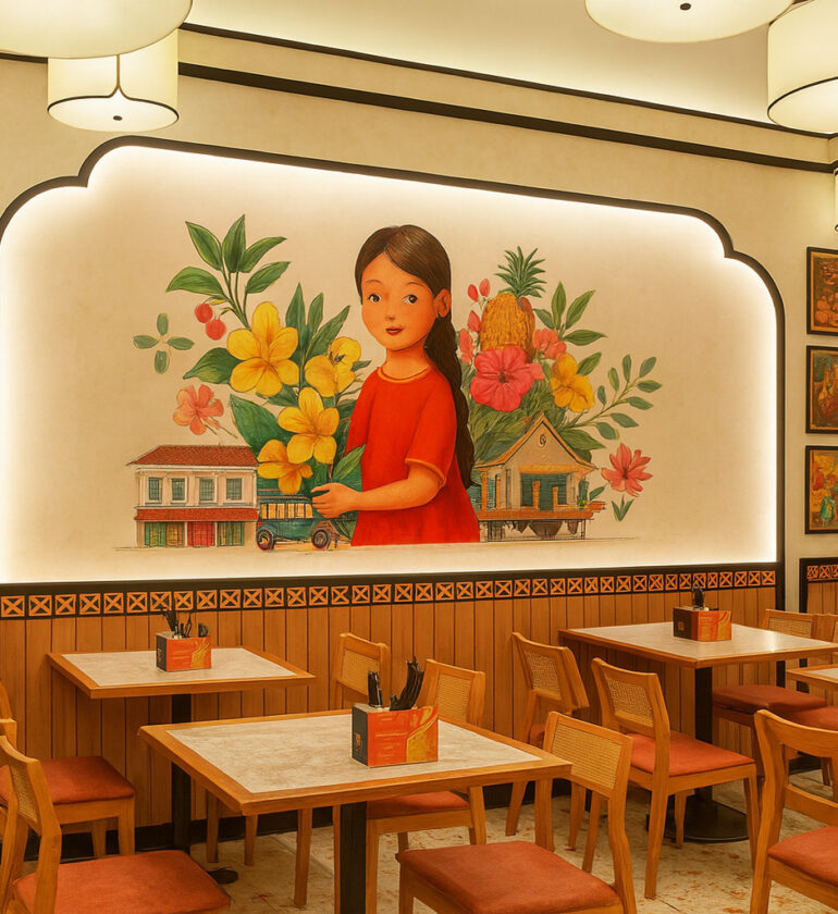 Colorful ethnic restaurant interior with hand-painted wall mural, wooden furniture, and cultural artwork.